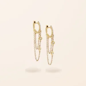 14K Gold Diamond Chain Drop Huggie Earrings