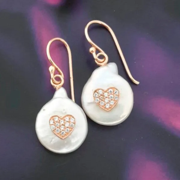 Baroque White Pearl and White Heart  Earrings