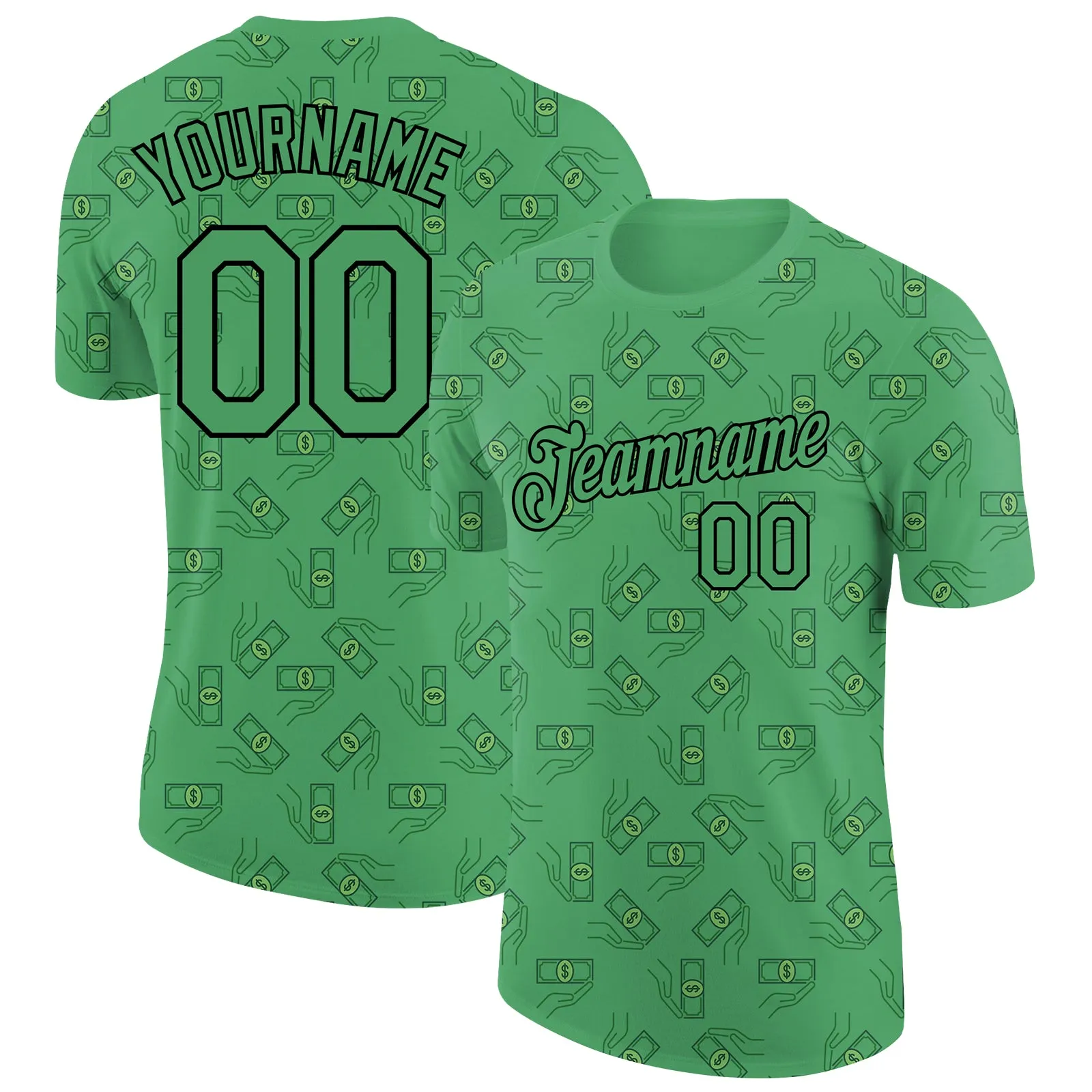 Custom Aurora Green Black 3D Pattern Design Dollar Banknote Money Theme Performance T-Shirt