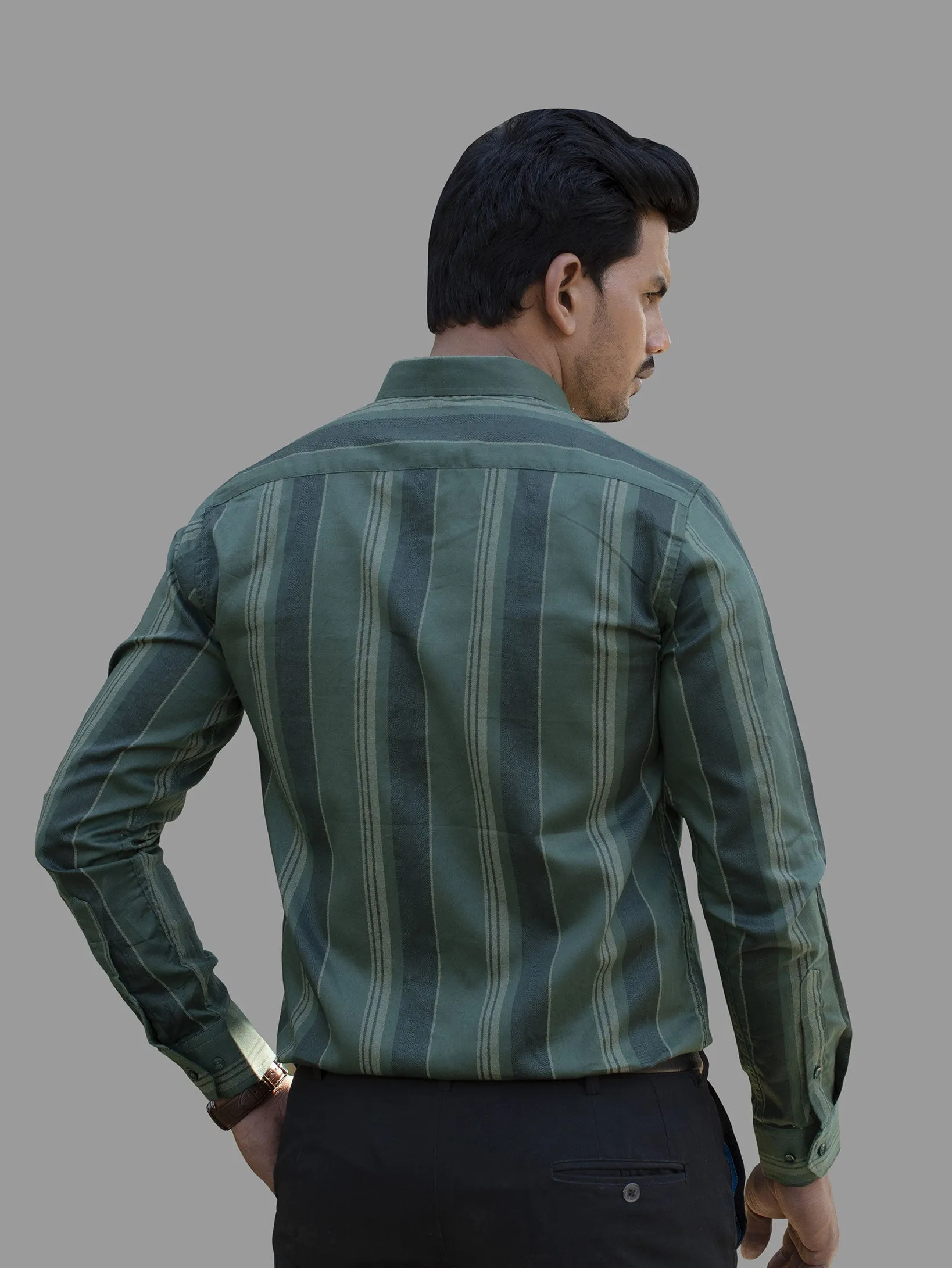 Grass Green And Dark Green Striped Dobby Luxurious Cotton Shirt