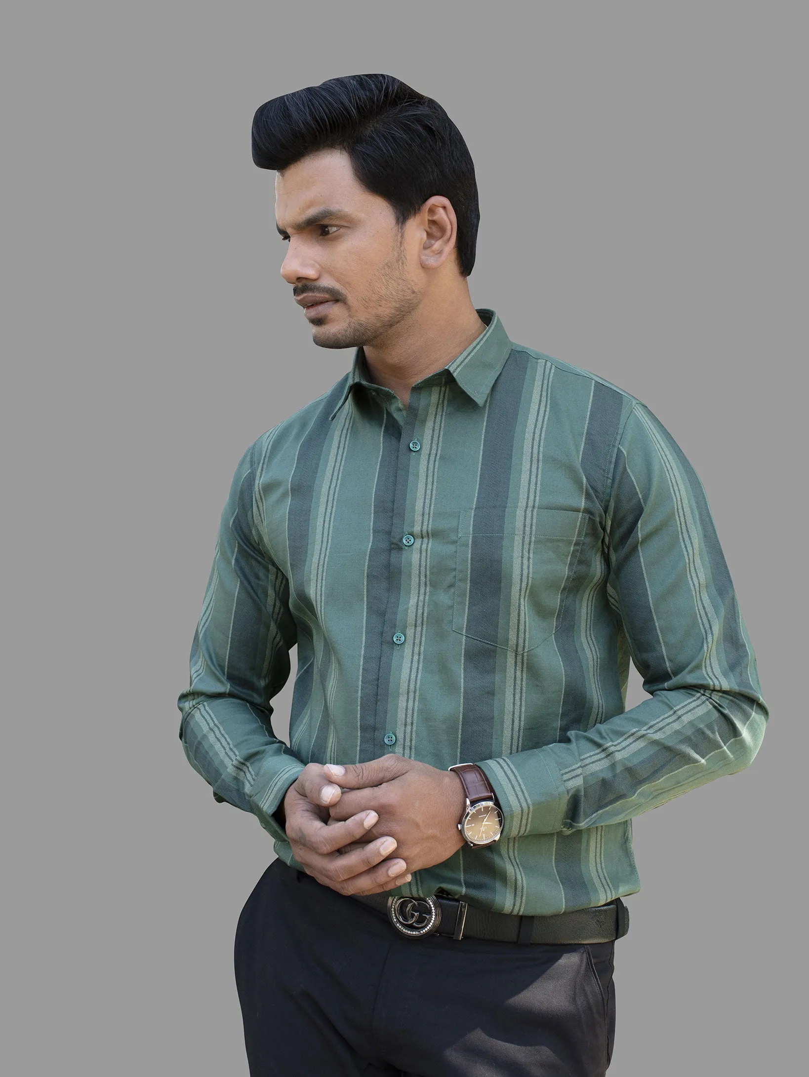 Grass Green And Dark Green Striped Dobby Luxurious Cotton Shirt