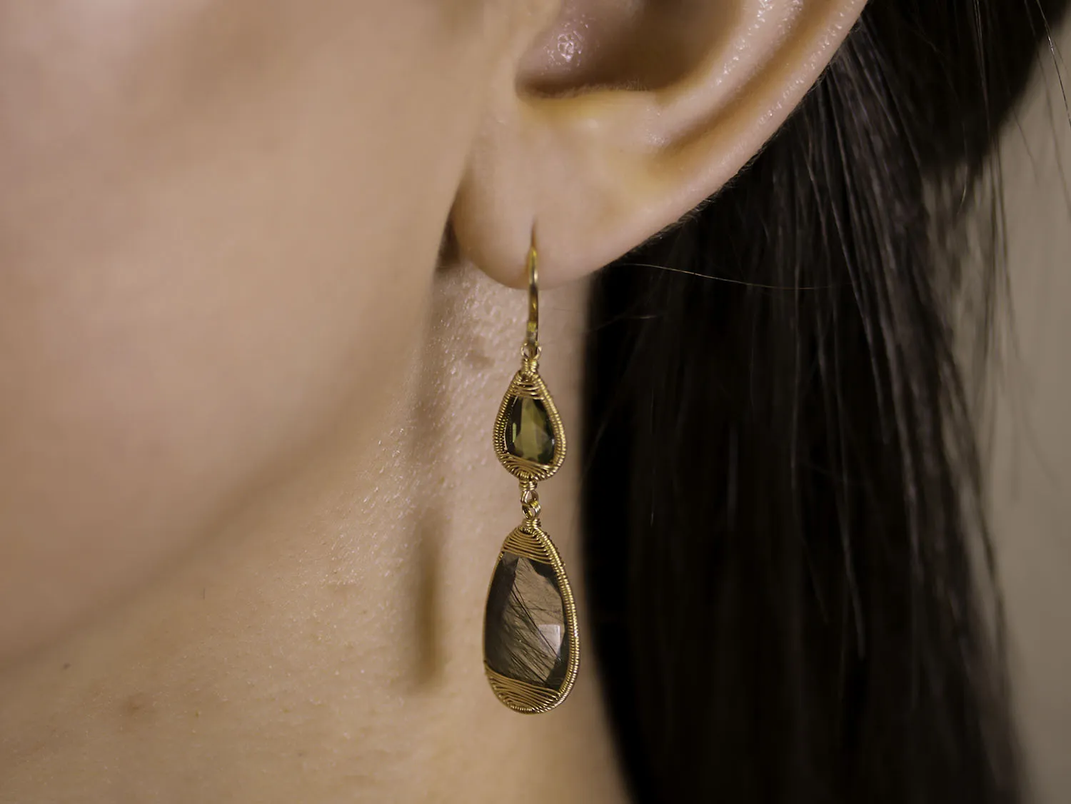 Green Sapphire and Green Rutilated Quartz Earrings