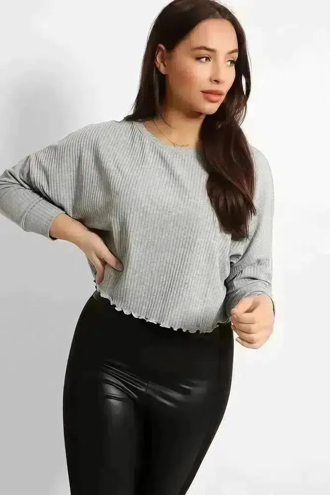 Grey Cropped Ribbed Pullover