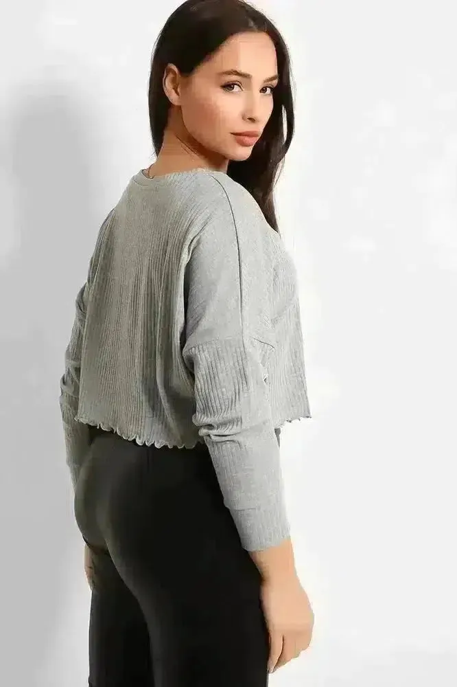 Grey Cropped Ribbed Pullover