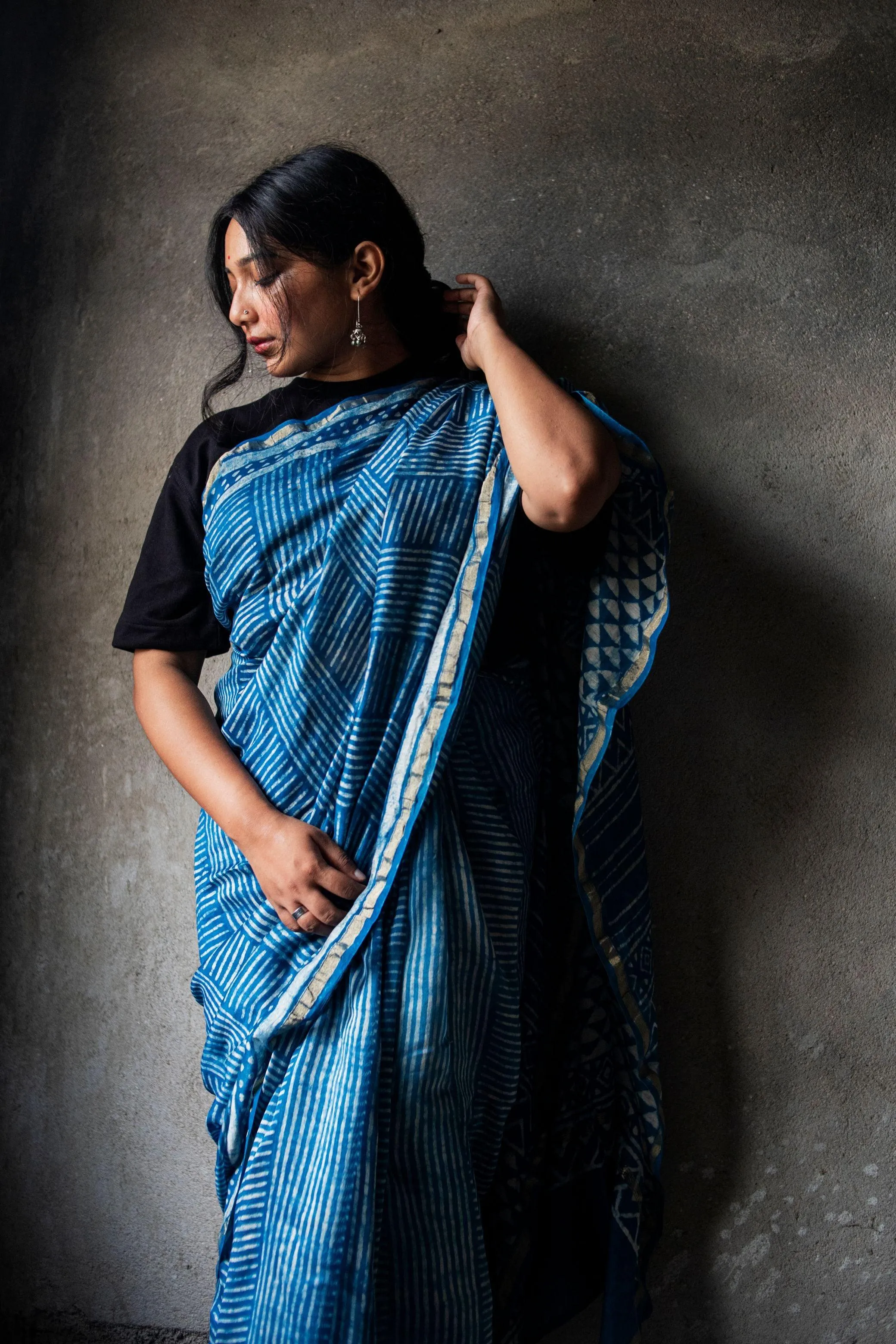 Kaisori Malhar Dabu Indigo Silk Cotton saree