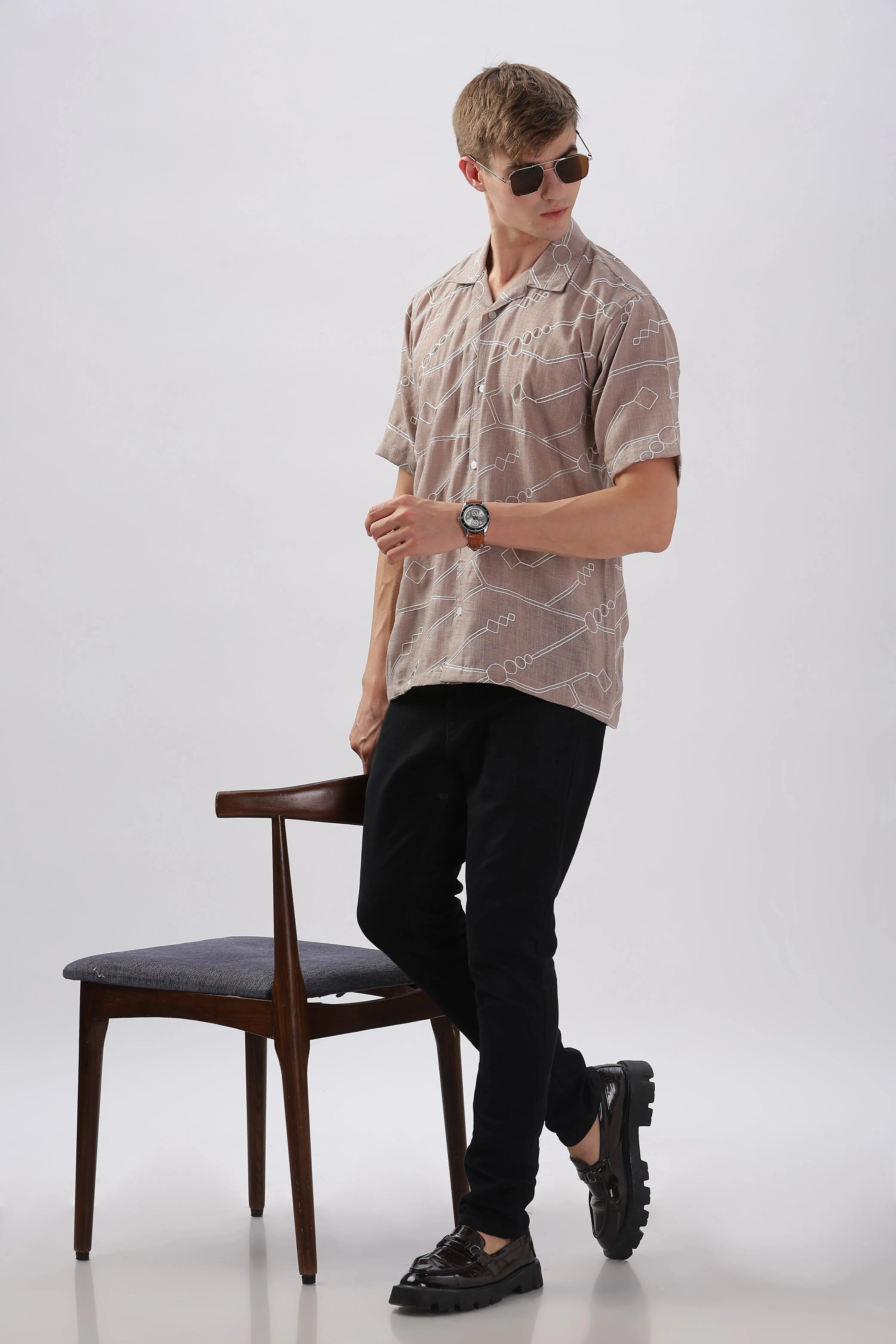 Light brown abstract linen embroidered half sleeve shirt