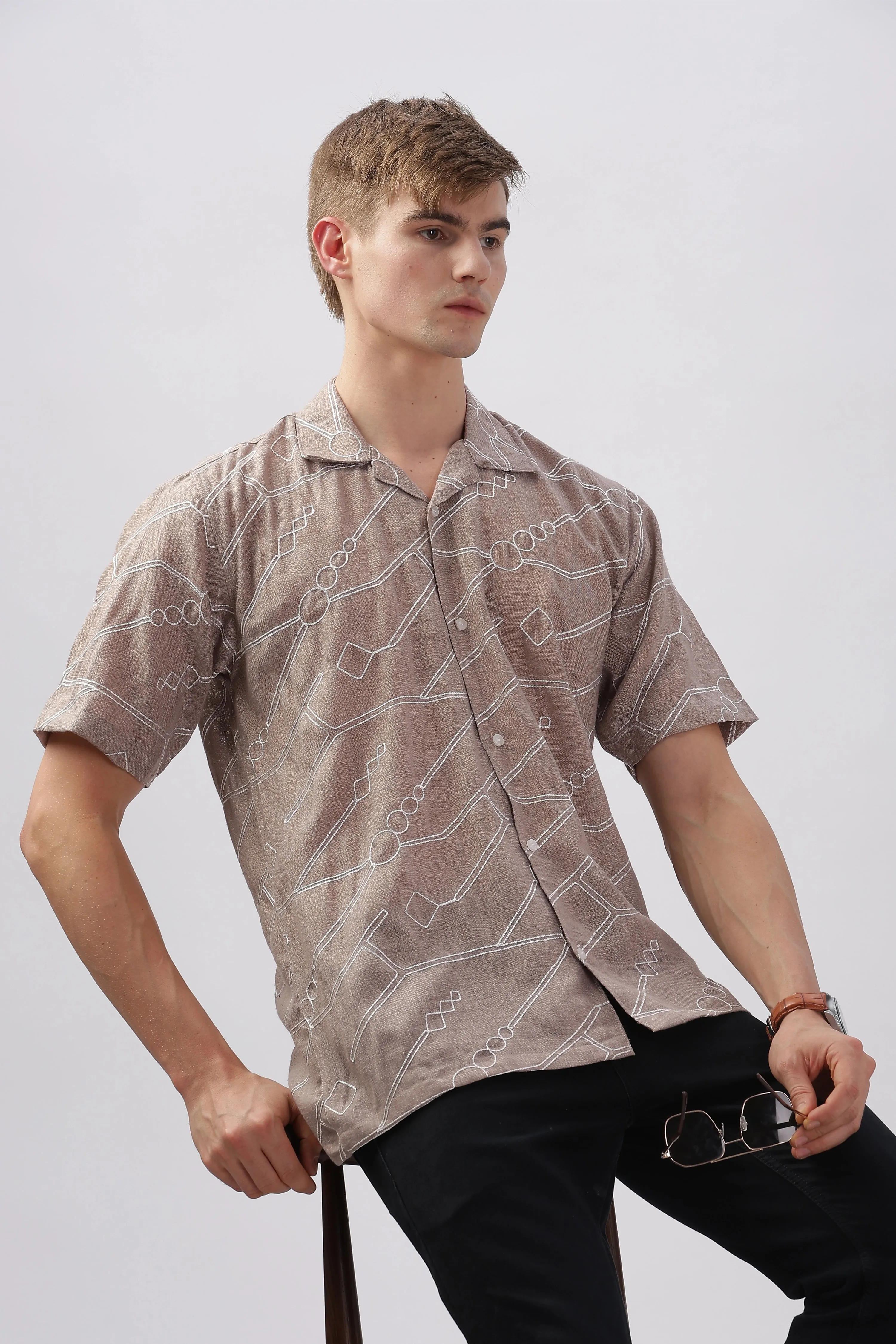 Light brown abstract linen embroidered half sleeve shirt