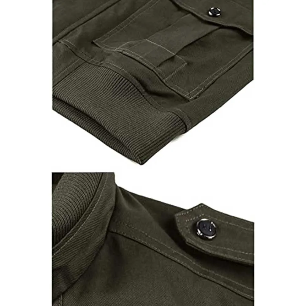 Mens Army Green Military-Style Cargo Jacket with Multiple Pockets