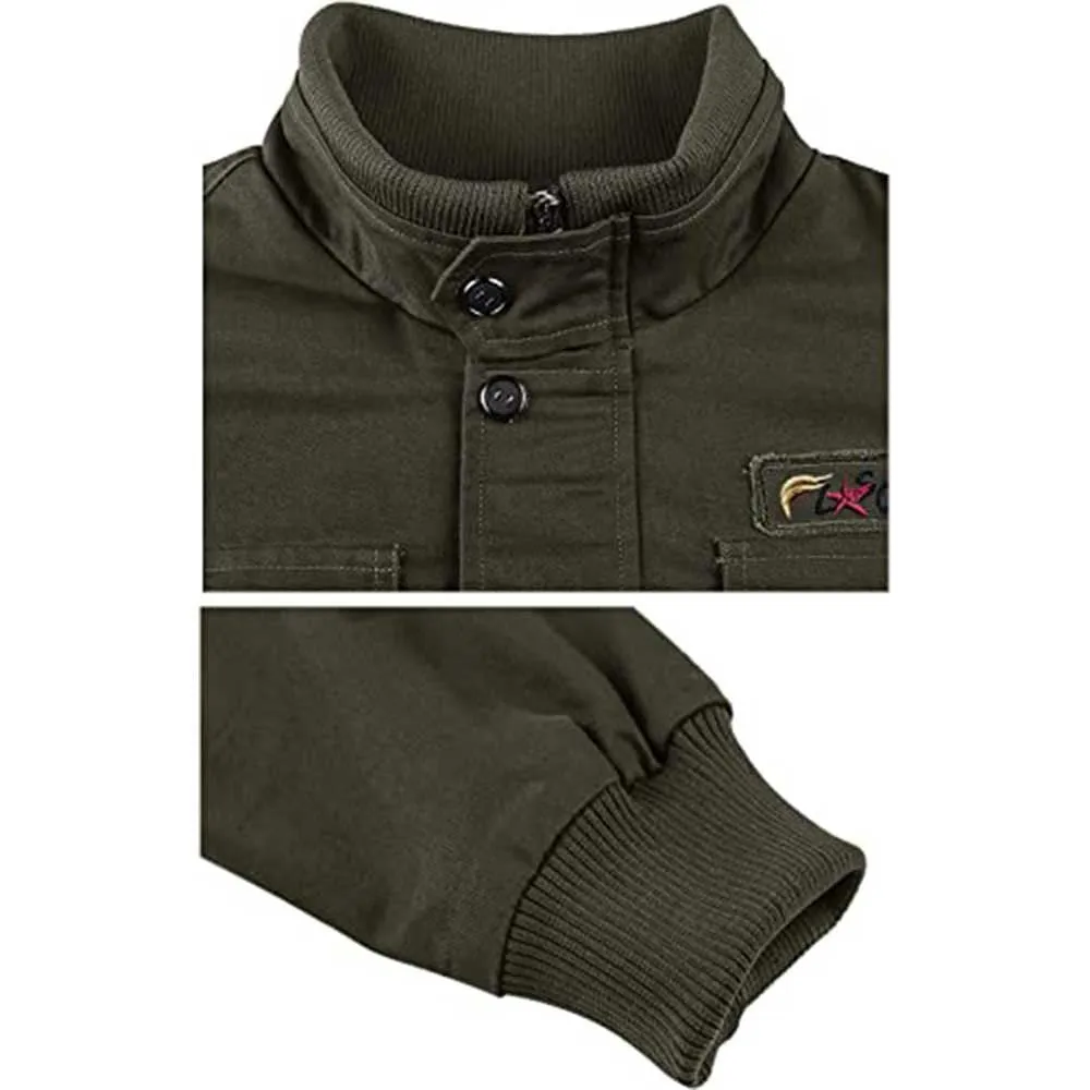 Mens Army Green Military-Style Cargo Jacket with Multiple Pockets