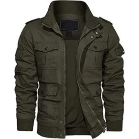 Mens Army Green Military-Style Cargo Jacket with Multiple Pockets