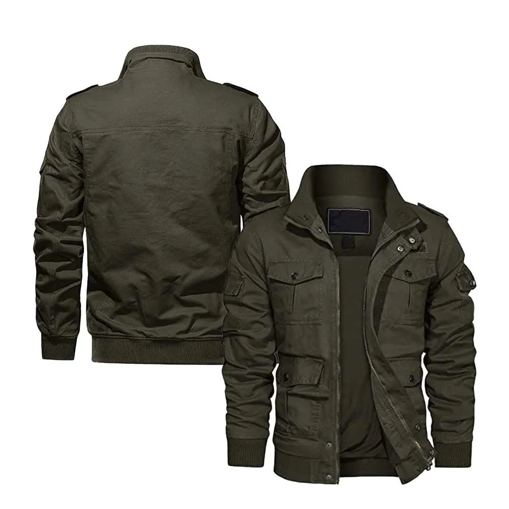 Mens Army Green Military-Style Cargo Jacket with Multiple Pockets