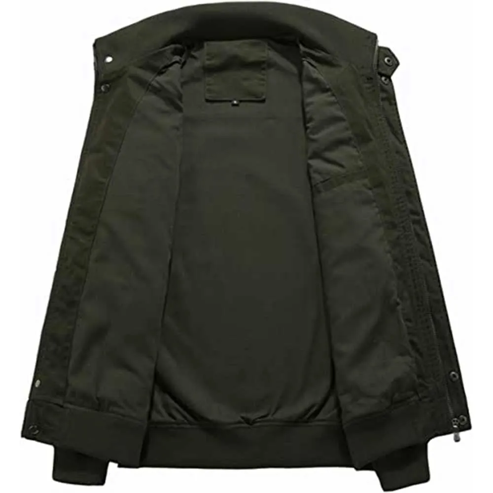 Mens Army Green Military-Style Cargo Jacket with Multiple Pockets