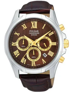 Pulsar Mens Business Chronograph -SS Case with Gold-Tone Accents - Brown Dial