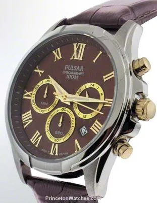 Pulsar Mens Business Chronograph -SS Case with Gold-Tone Accents - Brown Dial