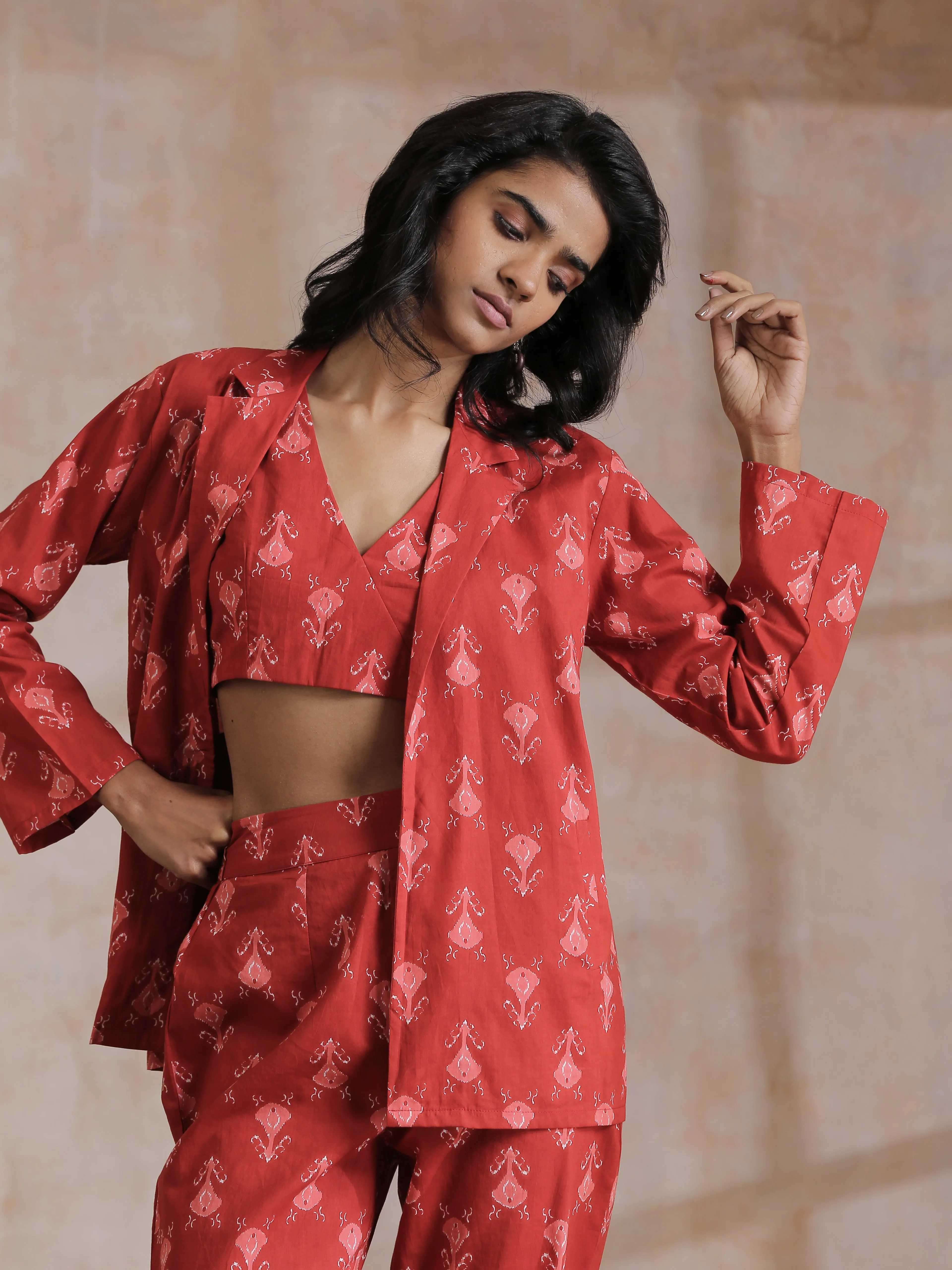 Red On Red Ikat Print Cotton Pant Suit Set