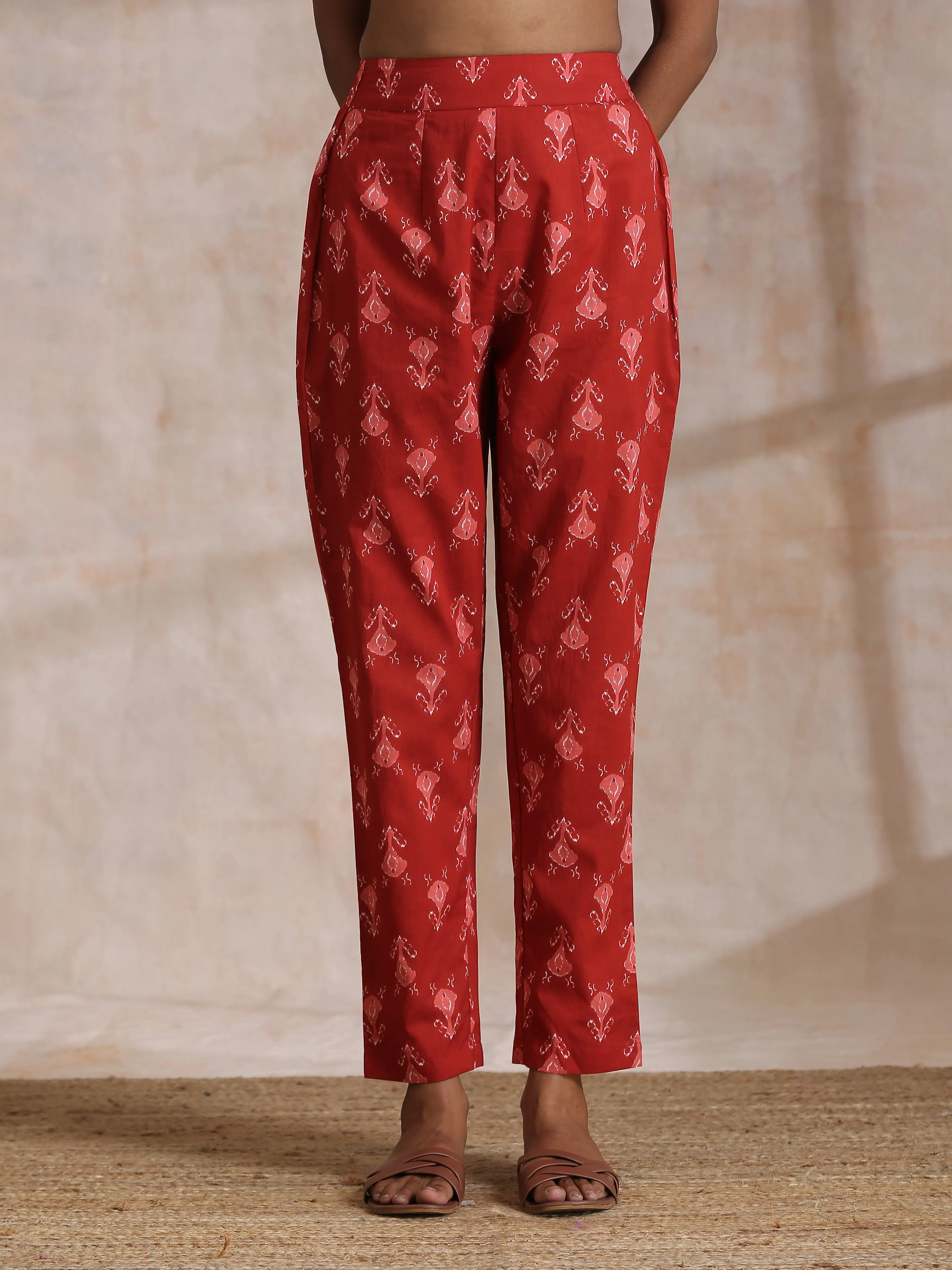 Red On Red Ikat Print Cotton Pant Suit Set