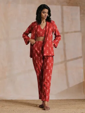 Red On Red Ikat Print Cotton Pant Suit Set