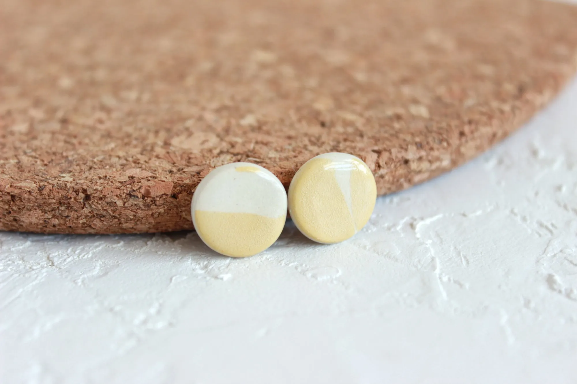 Round Yellow Stoneware Stud Earrings