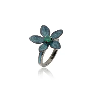 Sterling Silver Flower Stack Ring With Metallic Light Green Enamel & Green Agate