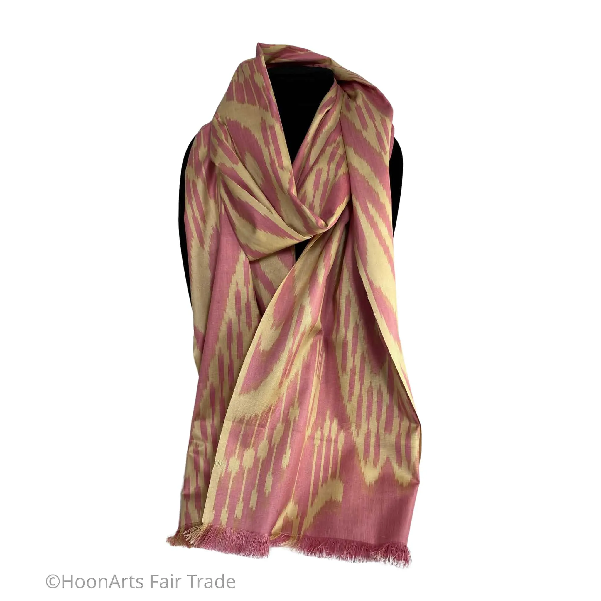 Uzbek Ikat Silk Scarf-Cotton/Silk Blend-Pink on Cream