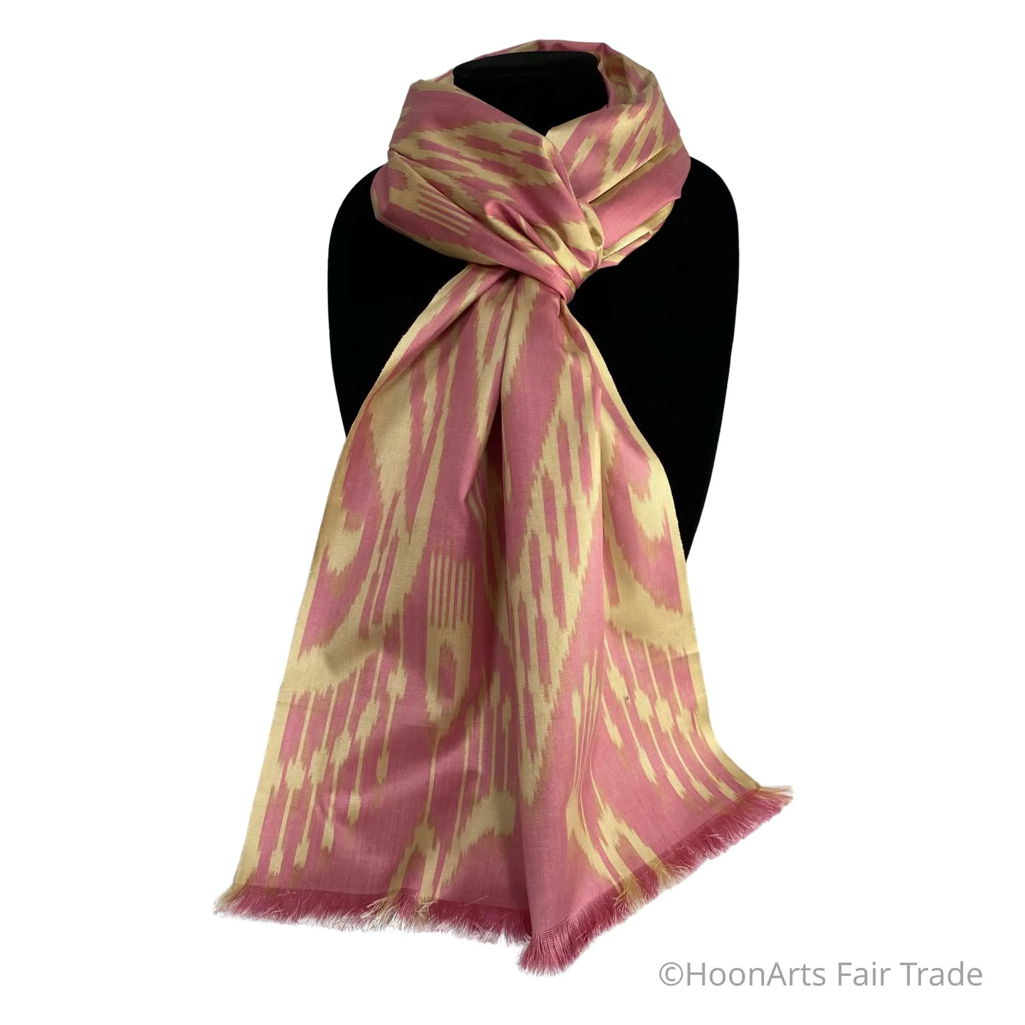 Uzbek Ikat Silk Scarf-Cotton/Silk Blend-Pink on Cream