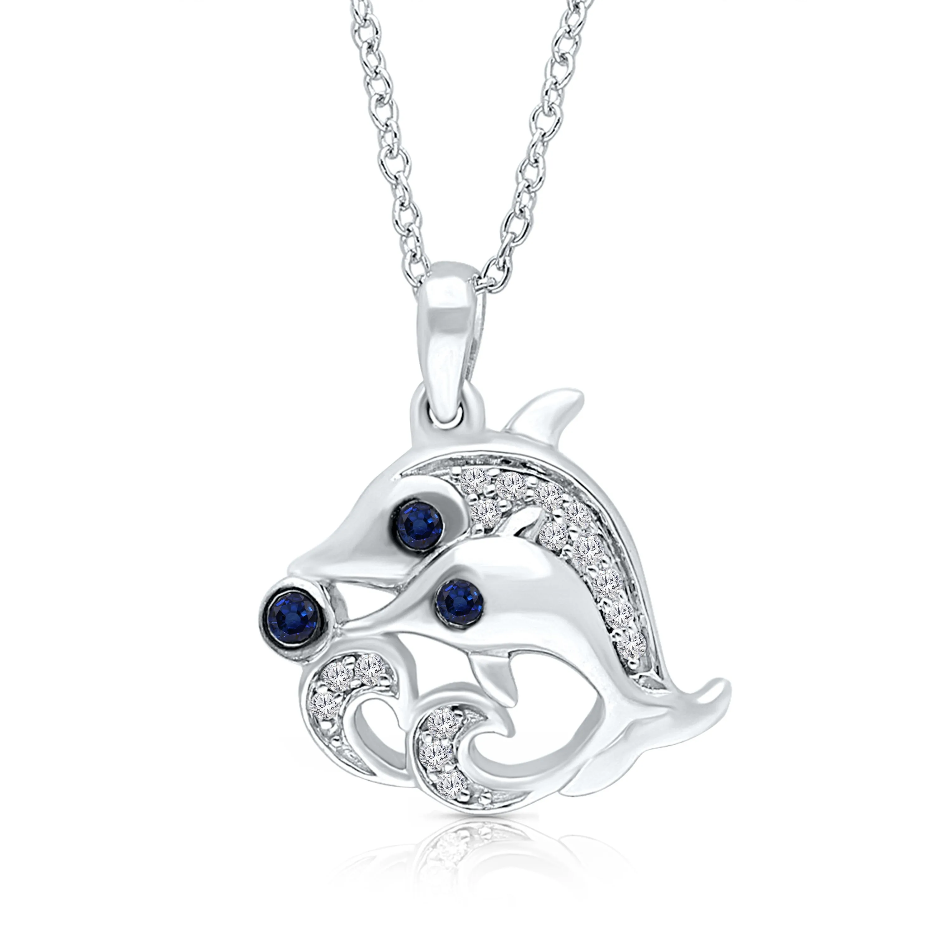 White Gold Sapphire & White Diamond Dolphins Pendant